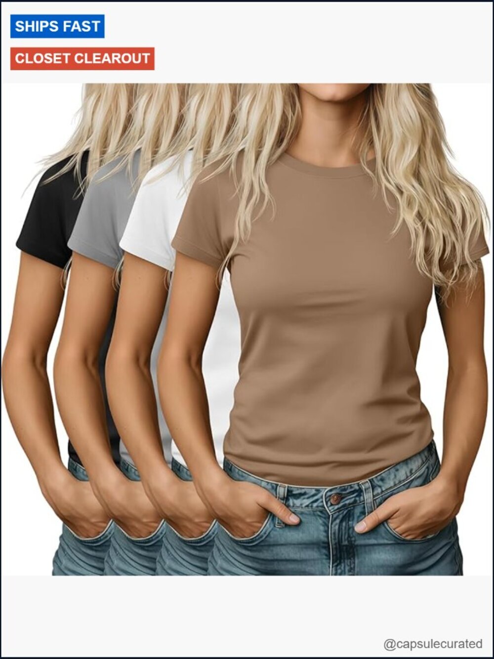 4 Pack Slim Fitted Crew Neck Tees Short Sleeve Cotton Blend Summer Tops